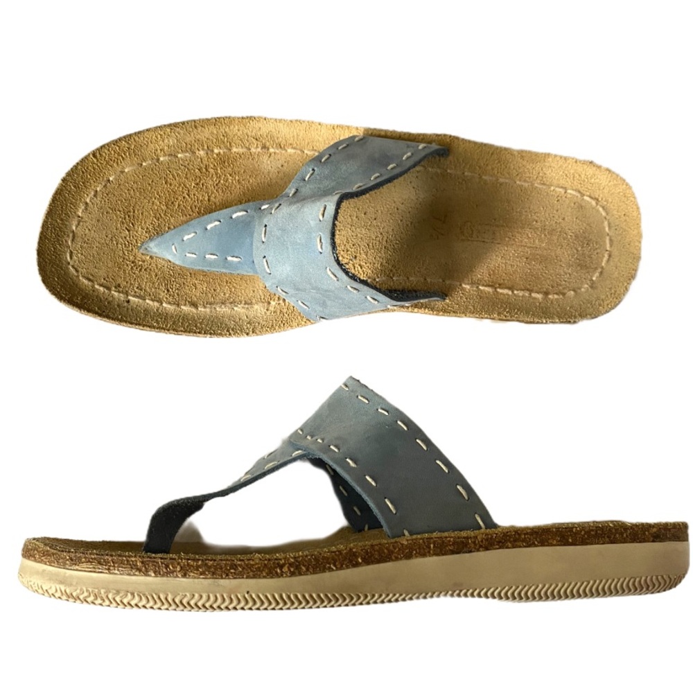 Lands End Blue leather/ cork flip flops 7 1/2